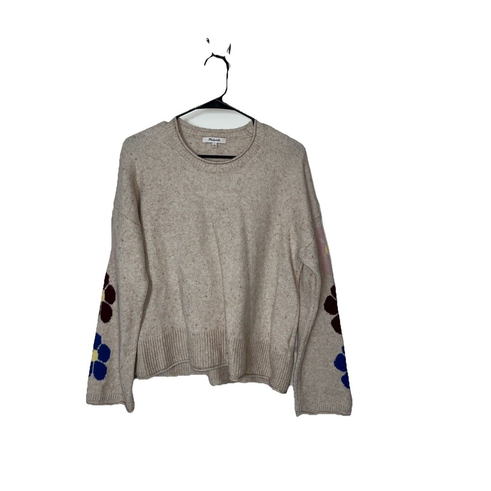 Madewell Belmore Floral-Sleeve Pullover Sweater Coziest Textured Yarn Small